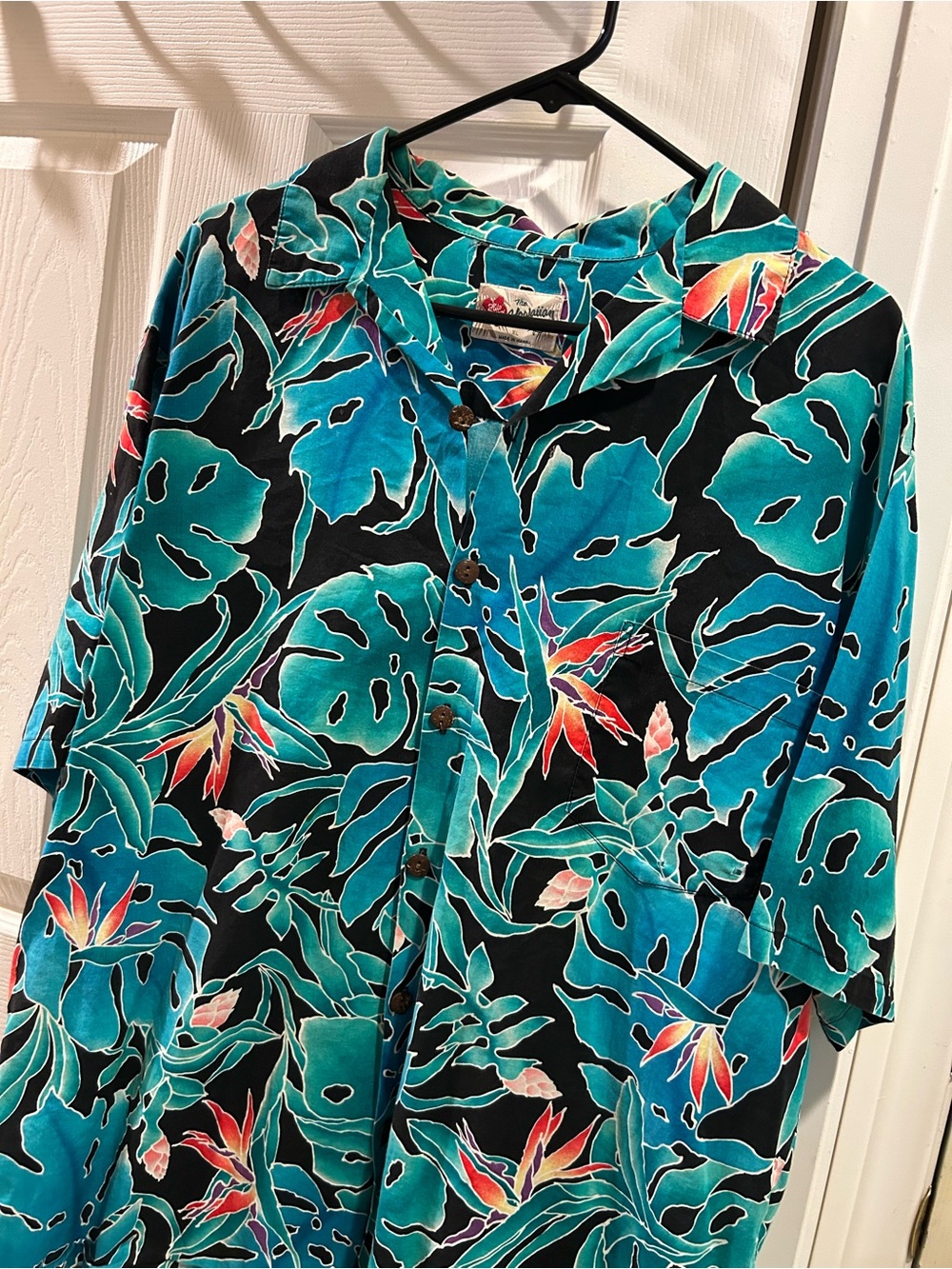 Hilo Hattie Hawaiian Shirt Men's XL Tropical Monstera Bird of Paradise Teal